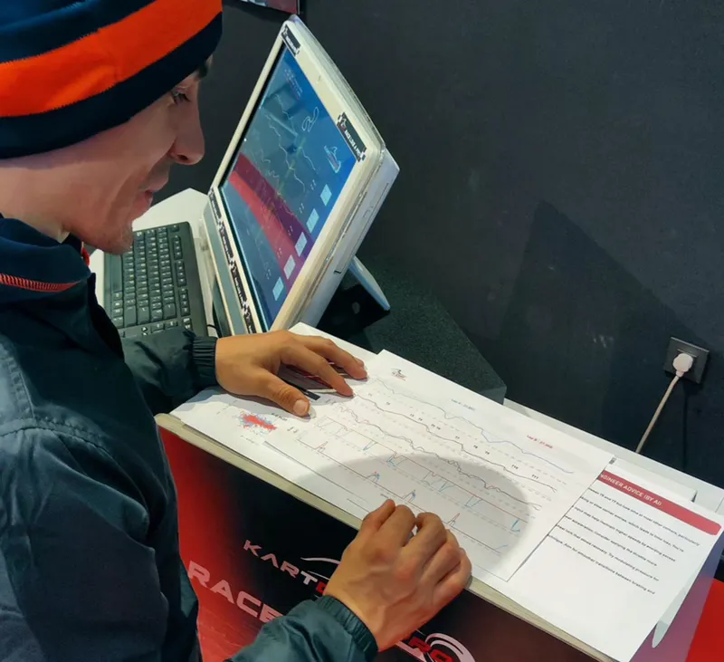 Drivers reviewing telemetry and results at the circuit